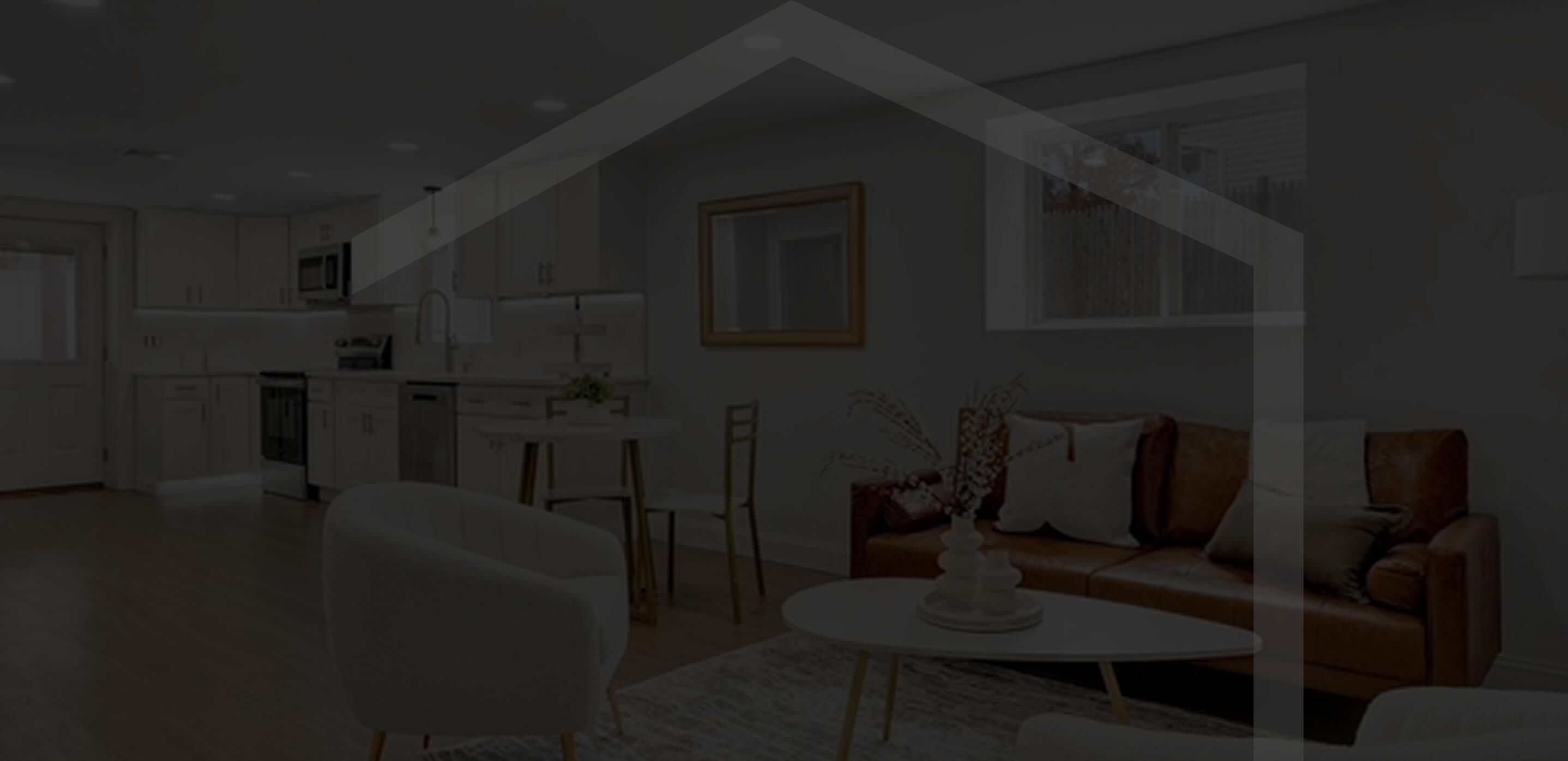 Photo of a staged kitchen and living area